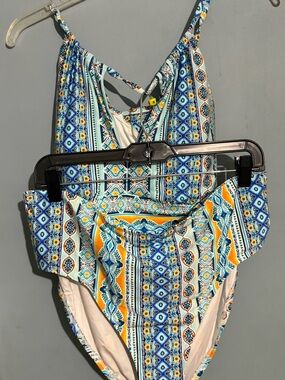 La Blanca Blue White Orange Patterned Bikini Top and Bottom